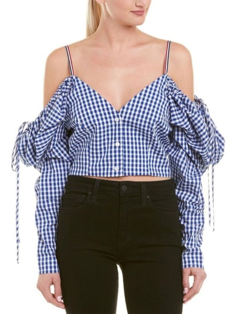 Petersyn Gia Gingham Cold Shoulder Cropped Top Blue White Medium Womens